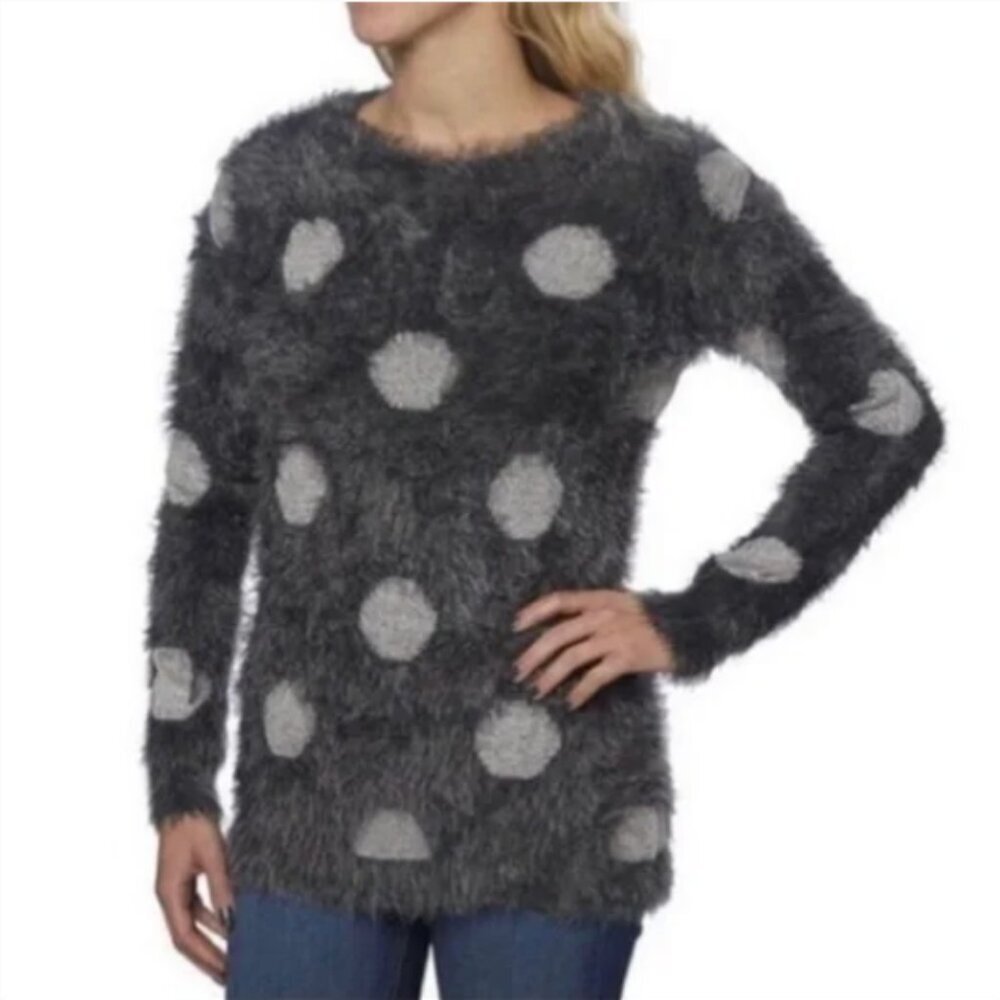 Joseph A Polka Dot Soft Fuzzy Crew Neck Pullover Sweater L Gray #206D‎